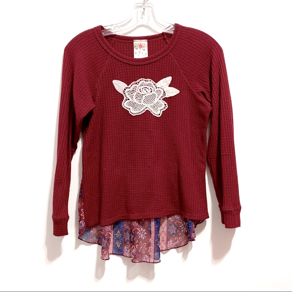 Jenna & Jessie Floral Knit Lace Crochet Embroidered Maroon Burgundy Cranberry